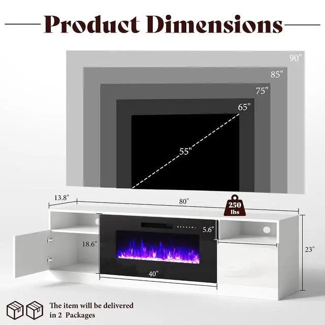 Alt view image 2 of 7 - 80" Fireplace TV Stand with 40" Electric Fireplace, TV Console with High Gloss Storage Cabinets and 12 Colors LED Lights, Modern Entertainment Center for TVs Up to 90", White & Black