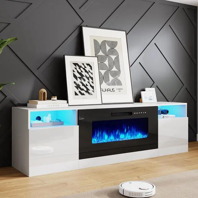 Alt view image 7 of 7 - 80" Fireplace TV Stand with 40" Electric Fireplace, TV Console with High Gloss Storage Cabinets and 12 Colors LED Lights, Modern Entertainment Center for TVs Up to 90", White & Black