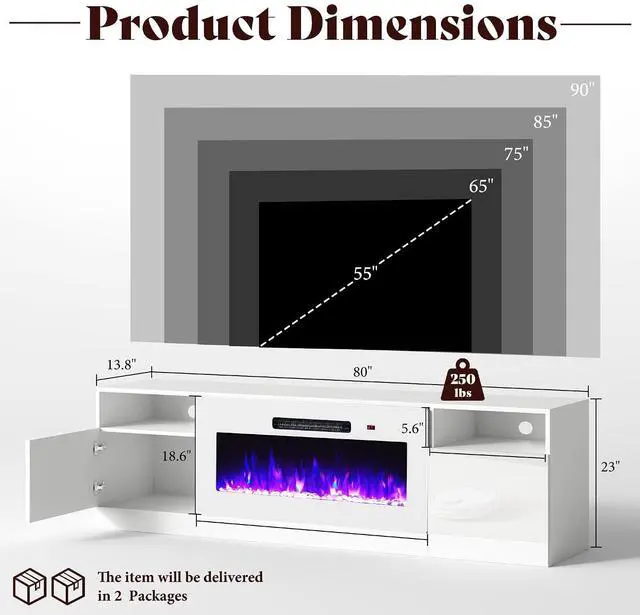Alt view image 2 of 7 - 80" Fireplace TV Stand with 40" Electric Fireplace, TV Console with High Gloss Storage Cabinets and 12 Colors LED Lights, Modern Entertainment Center for TVs Up to 90", White