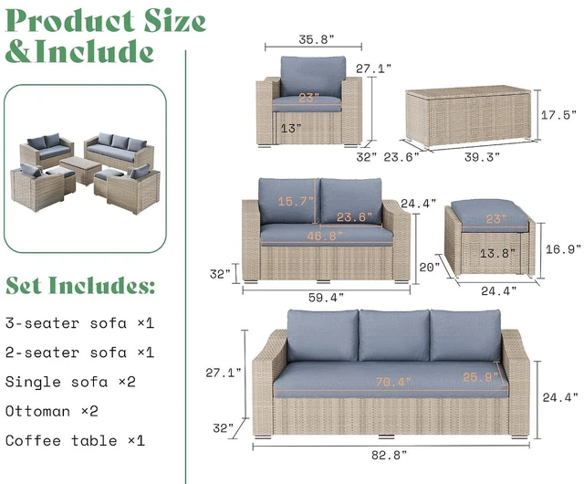 Alt view image 2 of 7 - 10-Piece Wicker Patio Furniture Set, Rattan Sectional Sofa with Storage Coffee Table & 2 Ottomans, All-Weather Outdoor Conversation Set for Backyard, Deck, Grey