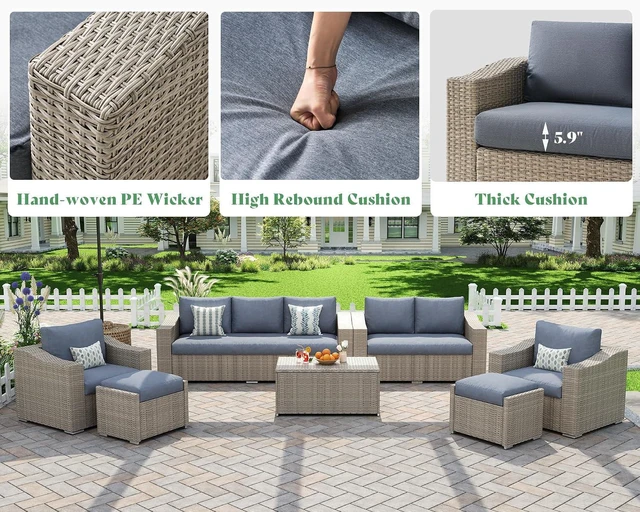 Alt view image 4 of 7 - 10-Piece Wicker Patio Furniture Set, Rattan Sectional Sofa with Storage Coffee Table & 2 Ottomans, All-Weather Outdoor Conversation Set for Backyard, Deck, Grey