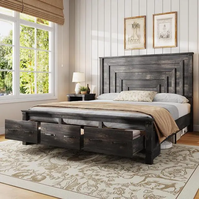 Main image of King Bed Frame with 54" Tall Headboard, 3 Large Storage Drawers, Wood Platform Bed, No Box Spring Needed, Silent Frame, Easy Assembly, Farmhouse, Black Oak