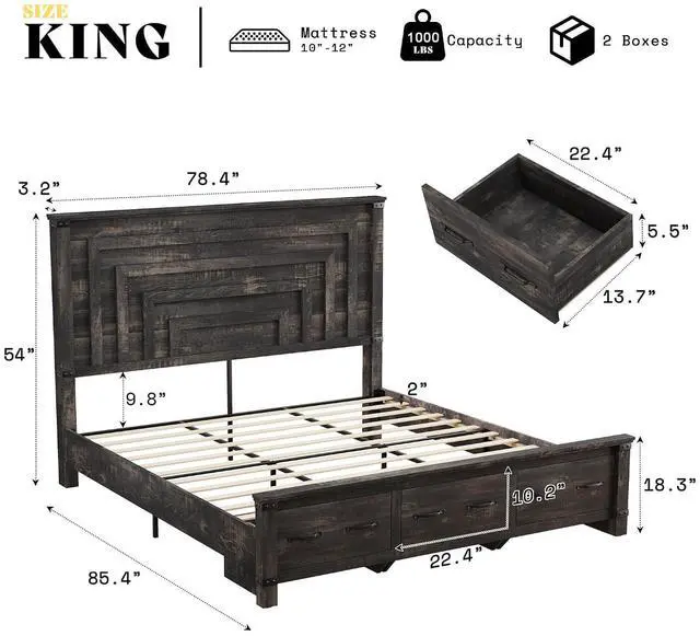 Alt view image 2 of 7 - King Bed Frame with 54" Tall Headboard, 3 Large Storage Drawers, Wood Platform Bed, No Box Spring Needed, Silent Frame, Easy Assembly, Farmhouse, Black Oak