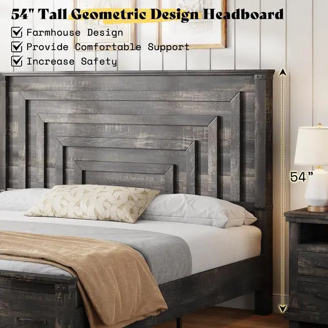 Alt view image 4 of 7 - King Bed Frame with 54" Tall Headboard, 3 Large Storage Drawers, Wood Platform Bed, No Box Spring Needed, Silent Frame, Easy Assembly, Farmhouse, Black Oak