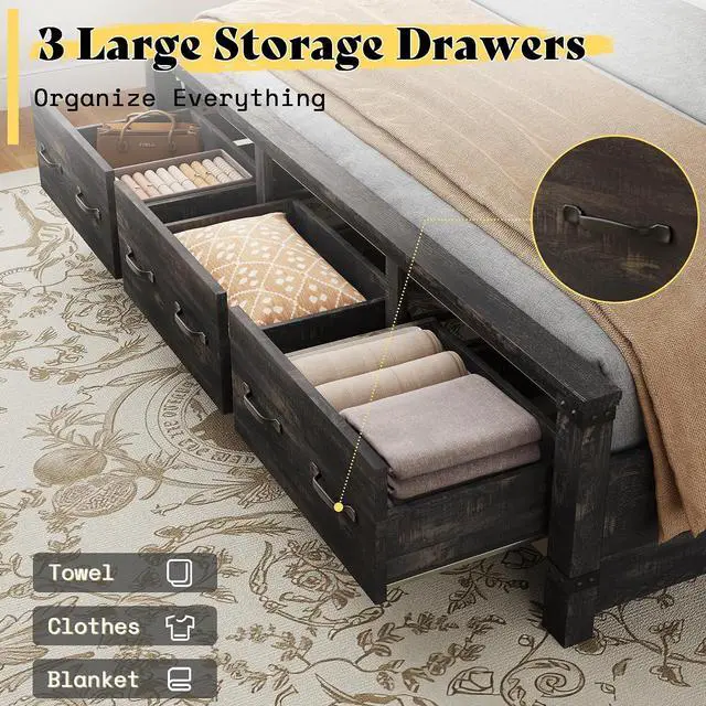 Alt view image 3 of 7 - King Bed Frame with 54" Tall Headboard, 3 Large Storage Drawers, Wood Platform Bed, No Box Spring Needed, Silent Frame, Easy Assembly, Farmhouse, Black Oak