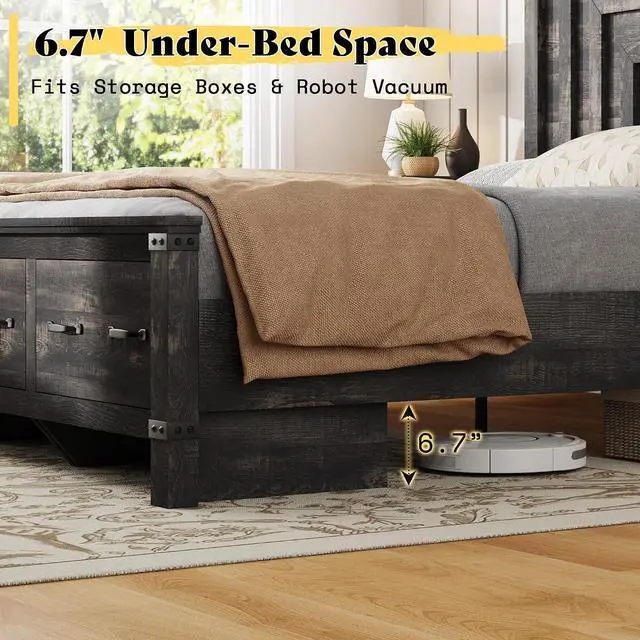 Alt view image 5 of 7 - King Bed Frame with 54" Tall Headboard, 3 Large Storage Drawers, Wood Platform Bed, No Box Spring Needed, Silent Frame, Easy Assembly, Farmhouse, Black Oak