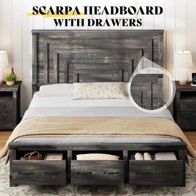 Alt view image 6 of 7 - King Bed Frame with 54" Tall Headboard, 3 Large Storage Drawers, Wood Platform Bed, No Box Spring Needed, Silent Frame, Easy Assembly, Farmhouse, Black Oak
