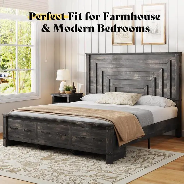 Alt view image 7 of 7 - King Bed Frame with 54" Tall Headboard, 3 Large Storage Drawers, Wood Platform Bed, No Box Spring Needed, Silent Frame, Easy Assembly, Farmhouse, Black Oak