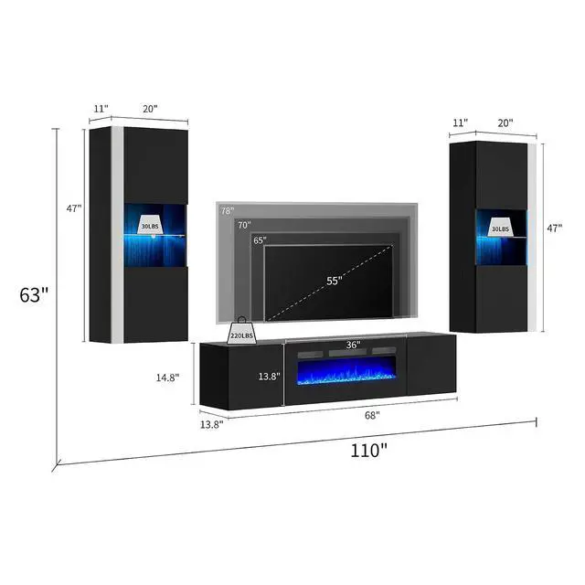 Alt view image 2 of 7 - Wall Unit Entertainment Center with 36" Electric Fireplace, Includes 68" Floating Fireplace TV Stand, 2 x Wall Cabinets, Modern LED Light Media Console Table for Living Room, Black/White