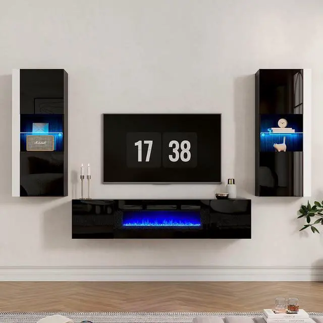 Main image of Wall Unit Entertainment Center with 36" Electric Fireplace, Includes 68" Floating Fireplace TV Stand, 2 x Wall Cabinets, Modern LED Light Media Console Table for Living Room, Black/White