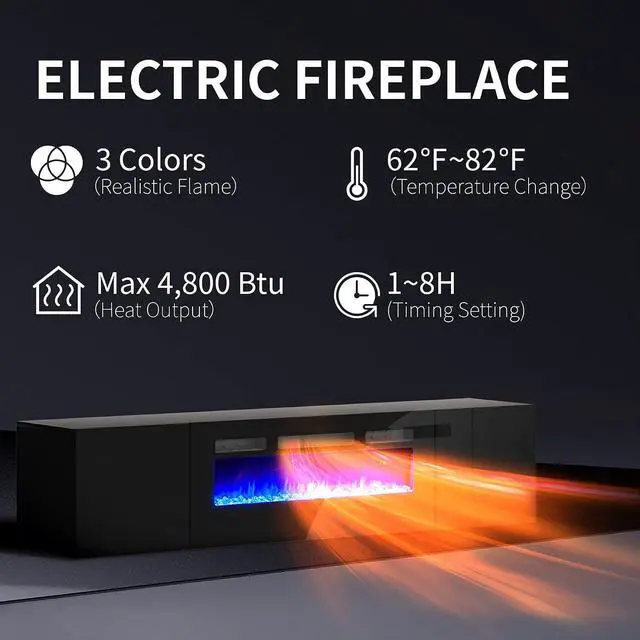 Alt view image 3 of 7 - Wall Unit Entertainment Center with 36" Electric Fireplace, Includes 68" Floating Fireplace TV Stand, 2 x Wall Cabinets, Modern LED Light Media Console Table for Living Room, Black/White