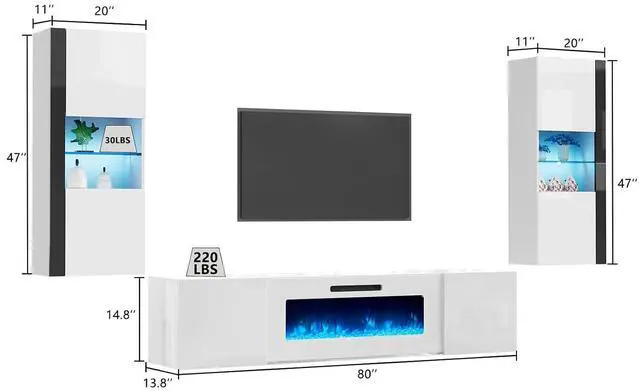 Alt view image 2 of 7 - Wall Unit Entertainment Center with 40" Electric Fireplace, Includes 80" Floating Fireplace TV Stand, 2 x Wall Cabinets, Modern LED Light Media Console Table for Living Room, All White