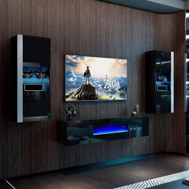 Alt view image 7 of 7 - Wall Unit Entertainment Center with 36" Electric Fireplace, Includes 68" Floating Fireplace TV Stand, 2 x Wall Cabinets, Modern LED Light Media Console Table for Living Room, Black/White