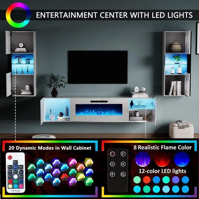 Alt view image 4 of 7 - Wall Unit Entertainment Center with 40" Electric Fireplace, Includes 80" Floating Fireplace TV Stand, 2 x Wall Cabinets, Modern LED Light Media Console Table for Living Room, All White