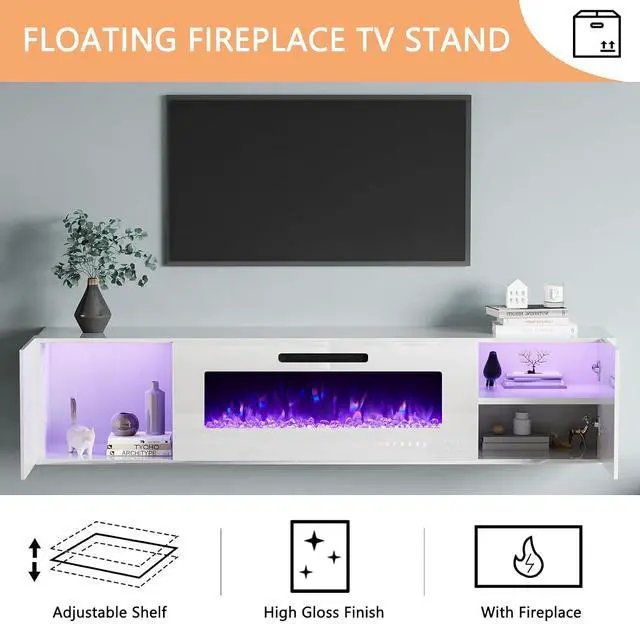 Alt view image 5 of 7 - Wall Unit Entertainment Center with 40" Electric Fireplace, Includes 80" Floating Fireplace TV Stand, 2 x Wall Cabinets, Modern LED Light Media Console Table for Living Room, All White