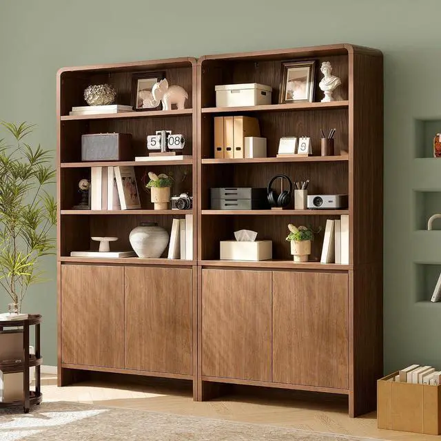 Main image of 71" Modern Bookcase Set of 2 with Storage Cabinets, Brown | 2 Pieces Bookshelf Set, Storage Cabinets with Adjustable Shelves, Curved Design, Ideal for Living Room, Bedroom, Home Office