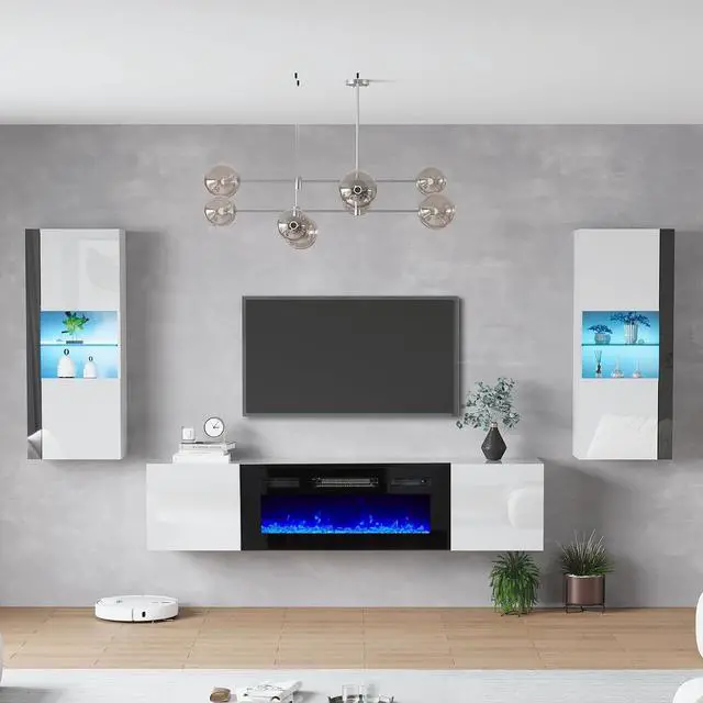 Main image of Wall Unit Entertainment Center with 36" Electric Fireplace, Includes 68" Floating Fireplace TV Stand, 2 x Wall Cabinets, Modern LED Light Media Console Table for Living Room, White/Black