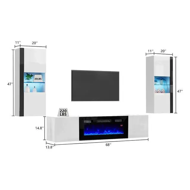 Alt view image 2 of 7 - Wall Unit Entertainment Center with 36" Electric Fireplace, Includes 68" Floating Fireplace TV Stand, 2 x Wall Cabinets, Modern LED Light Media Console Table for Living Room, White/Black