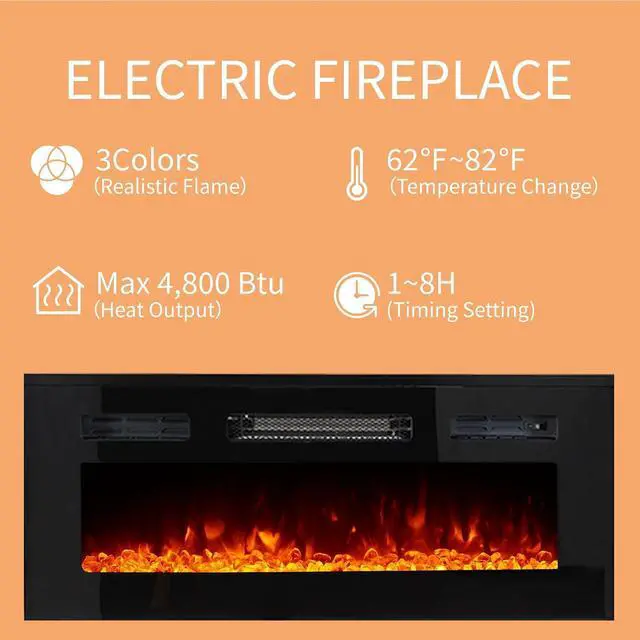 Alt view image 3 of 7 - Wall Unit Entertainment Center with 36" Electric Fireplace, Includes 68" Floating Fireplace TV Stand, 2 x Wall Cabinets, Modern LED Light Media Console Table for Living Room, White/Black