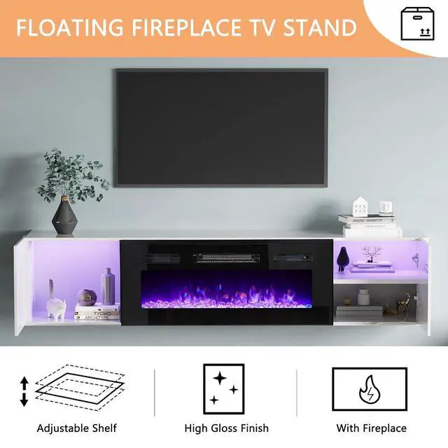 Alt view image 5 of 7 - Wall Unit Entertainment Center with 36" Electric Fireplace, Includes 68" Floating Fireplace TV Stand, 2 x Wall Cabinets, Modern LED Light Media Console Table for Living Room, White/Black