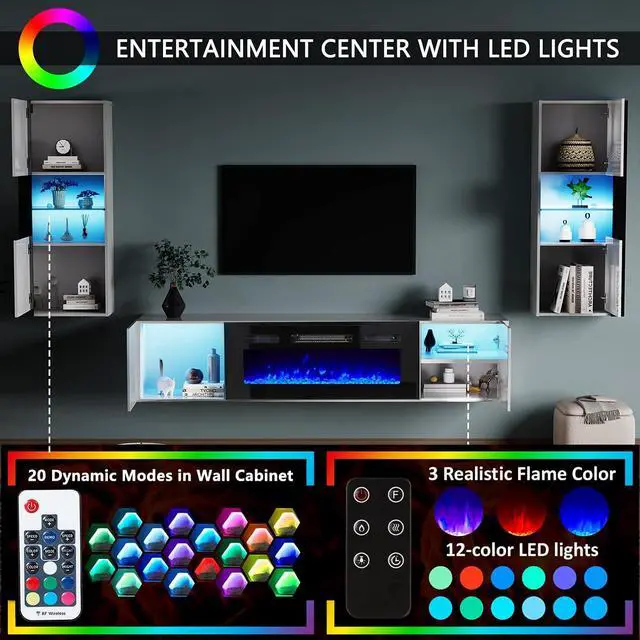 Alt view image 4 of 7 - Wall Unit Entertainment Center with 36" Electric Fireplace, Includes 68" Floating Fireplace TV Stand, 2 x Wall Cabinets, Modern LED Light Media Console Table for Living Room, White/Black
