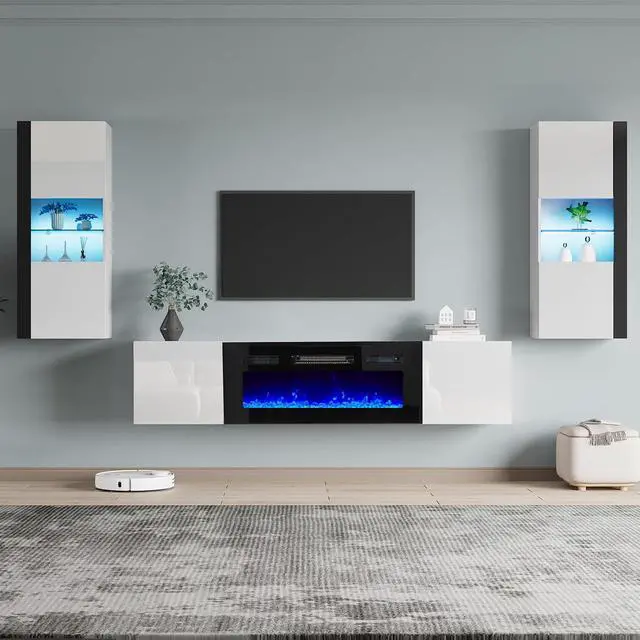 Alt view image 7 of 7 - Wall Unit Entertainment Center with 36" Electric Fireplace, Includes 68" Floating Fireplace TV Stand, 2 x Wall Cabinets, Modern LED Light Media Console Table for Living Room, White/Black