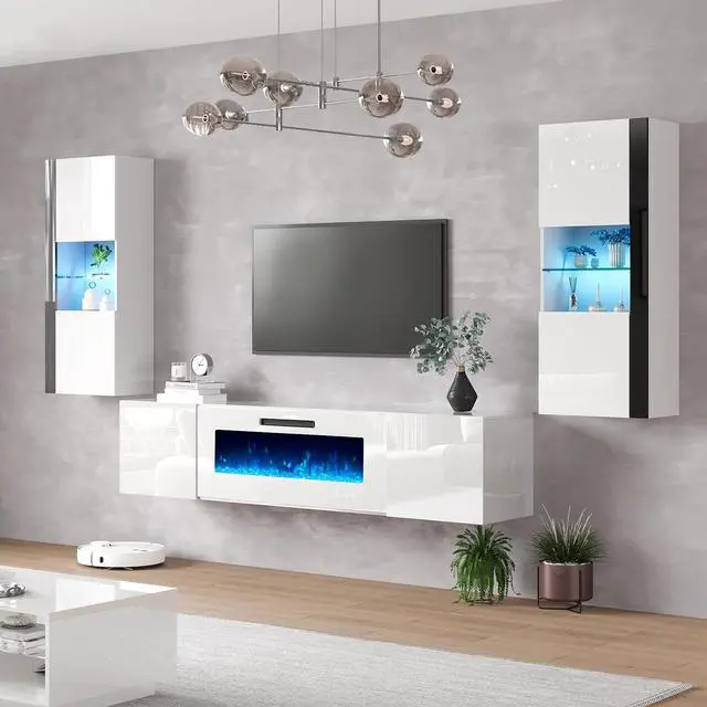 Alt view image 7 of 7 - Wall Unit Entertainment Center with 40" Electric Fireplace, Includes 80" Floating Fireplace TV Stand, 2 x Wall Cabinets, Modern LED Light Media Console Table for Living Room, All White