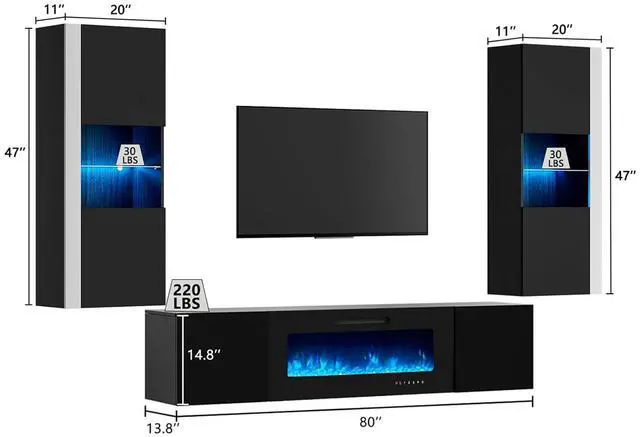 Alt view image 2 of 7 - Wall Unit Entertainment Center with 40" Electric Fireplace, Includes 80" Floating Fireplace TV Stand, 2 x Wall Cabinets, Modern LED Light Media Console Table for Living Room, Black