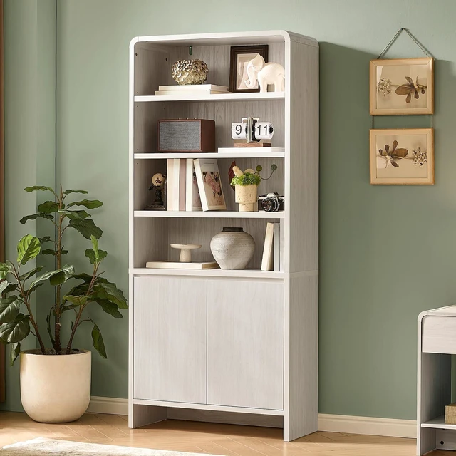 Main image of 71 Modern Bookcase with Storage Cabinets, 6-Tier Wood Bookshelf with Doors & Adjustable Shelves, Curved Design Display Cabinet for Living Room, Bedroom, or Home Office, White