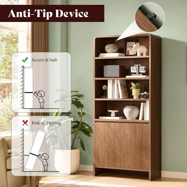 Alt view image 6 of 7 - 71" Modern Bookcase Set of 2 with Storage Cabinets, Brown | 2 Pieces Bookshelf Set, Storage Cabinets with Adjustable Shelves, Curved Design, Ideal for Living Room, Bedroom, Home Office