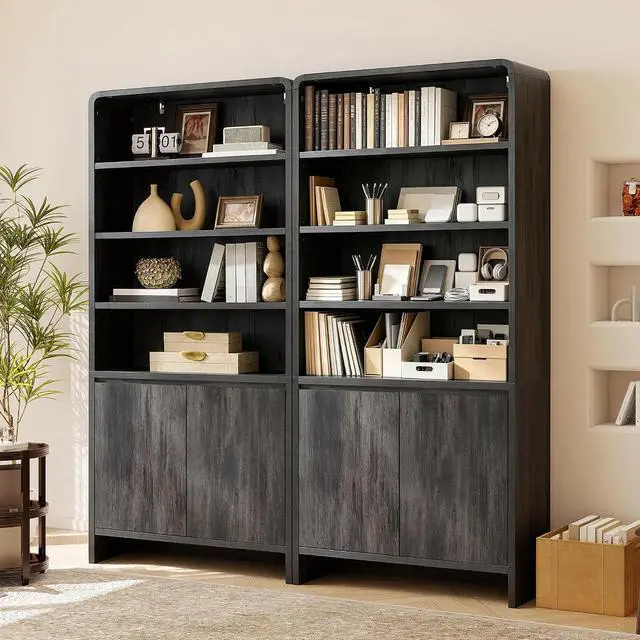 Main image of 71" Modern Bookcase Set of 2 with Storage Cabinets, Black | 2 Pieces Bookshelf Set, Storage Cabinets with Adjustable Shelves, Curved Design, Ideal for Living Room, Bedroom, Home Office
