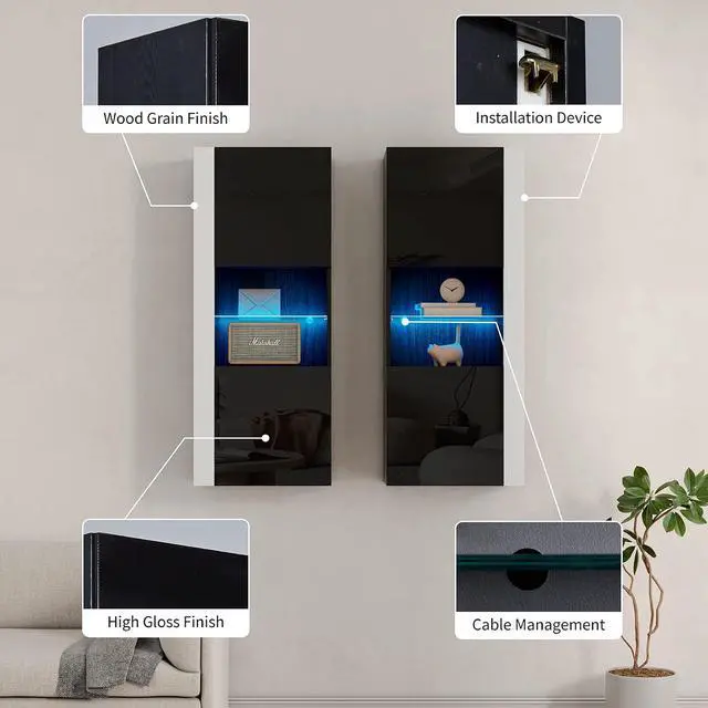 Alt view image 5 of 7 - Wall Unit Entertainment Center with 40" Electric Fireplace, Includes 80" Floating Fireplace TV Stand, 2 x Wall Cabinets, Modern LED Light Media Console Table for Living Room, Black