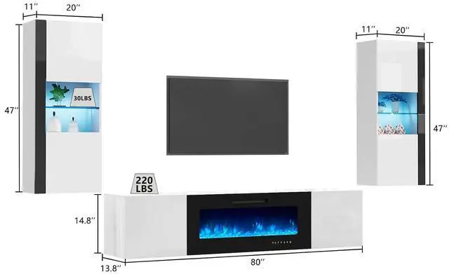Alt view image 2 of 7 - Wall Unit Entertainment Center with 40" Electric Fireplace, Includes 80" Floating Fireplace TV Stand, 2 x Wall Cabinets, Modern LED Light Media Console Table for Living Room, White/Black