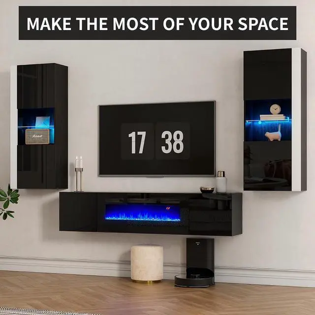 Alt view image 6 of 7 - Wall Unit Entertainment Center with 40" Electric Fireplace, Includes 80" Floating Fireplace TV Stand, 2 x Wall Cabinets, Modern LED Light Media Console Table for Living Room, Black
