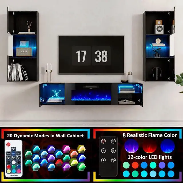 Alt view image 4 of 7 - Wall Unit Entertainment Center with 40" Electric Fireplace, Includes 80" Floating Fireplace TV Stand, 2 x Wall Cabinets, Modern LED Light Media Console Table for Living Room, Black