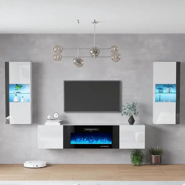 Main image of Wall Unit Entertainment Center with 40" Electric Fireplace, Includes 80" Floating Fireplace TV Stand, 2 x Wall Cabinets, Modern LED Light Media Console Table for Living Room, White/Black