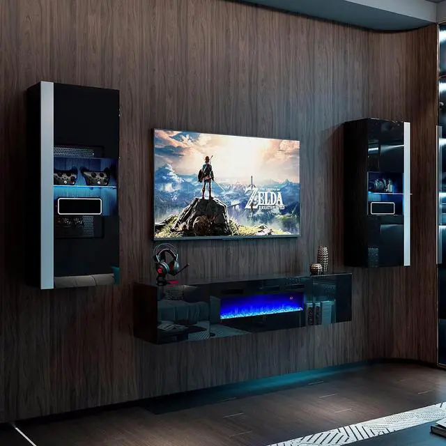 Alt view image 7 of 7 - Wall Unit Entertainment Center with 40" Electric Fireplace, Includes 80" Floating Fireplace TV Stand, 2 x Wall Cabinets, Modern LED Light Media Console Table for Living Room, Black
