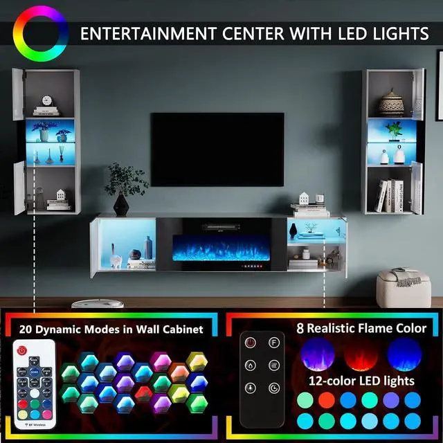 Alt view image 4 of 7 - Wall Unit Entertainment Center with 40" Electric Fireplace, Includes 80" Floating Fireplace TV Stand, 2 x Wall Cabinets, Modern LED Light Media Console Table for Living Room, White/Black