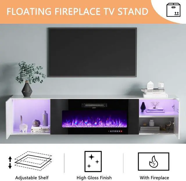 Alt view image 5 of 7 - Wall Unit Entertainment Center with 40" Electric Fireplace, Includes 80" Floating Fireplace TV Stand, 2 x Wall Cabinets, Modern LED Light Media Console Table for Living Room, White/Black