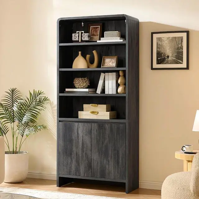 Alt view image 7 of 7 - 71" Modern Bookcase Set of 2 with Storage Cabinets, Black | 2 Pieces Bookshelf Set, Storage Cabinets with Adjustable Shelves, Curved Design, Ideal for Living Room, Bedroom, Home Office