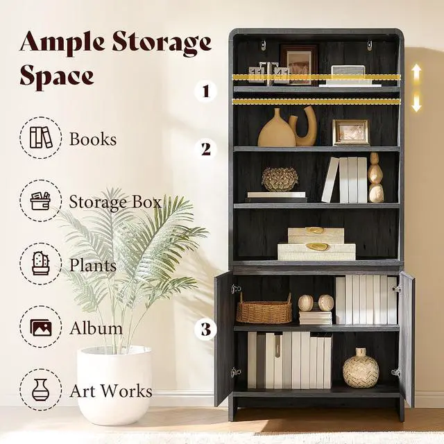 Alt view image 4 of 7 - 71" Modern Bookcase Set of 2 with Storage Cabinets, Black | 2 Pieces Bookshelf Set, Storage Cabinets with Adjustable Shelves, Curved Design, Ideal for Living Room, Bedroom, Home Office