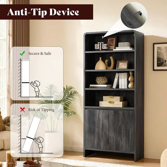 Alt view image 5 of 7 - 71" Modern Bookcase Set of 2 with Storage Cabinets, Black | 2 Pieces Bookshelf Set, Storage Cabinets with Adjustable Shelves, Curved Design, Ideal for Living Room, Bedroom, Home Office