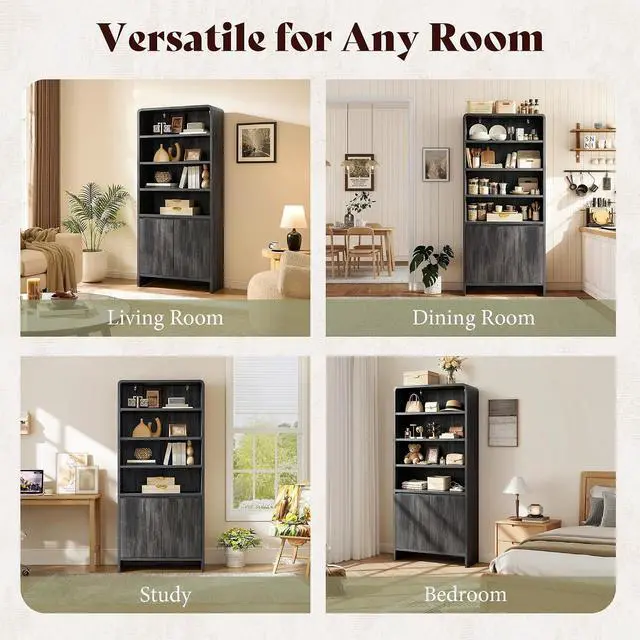 Alt view image 6 of 7 - 71" Modern Bookcase Set of 2 with Storage Cabinets, Black | 2 Pieces Bookshelf Set, Storage Cabinets with Adjustable Shelves, Curved Design, Ideal for Living Room, Bedroom, Home Office