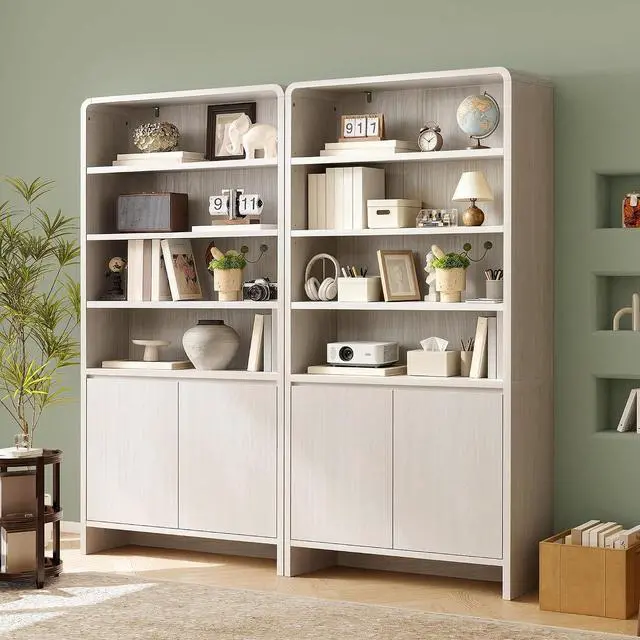 Main image of 71" Modern Bookcase Set of 2 with Storage Cabinets, White | 2 Pieces Bookshelf Set, Storage Cabinets with Adjustable Shelves, Curved Design, Ideal for Living Room, Bedroom, Home Office