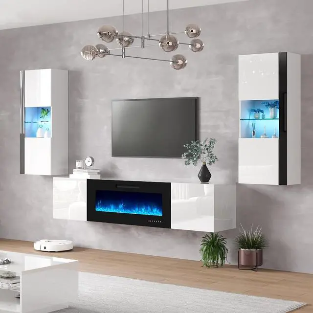 Alt view image 7 of 7 - Wall Unit Entertainment Center with 40" Electric Fireplace, Includes 80" Floating Fireplace TV Stand, 2 x Wall Cabinets, Modern LED Light Media Console Table for Living Room, White/Black