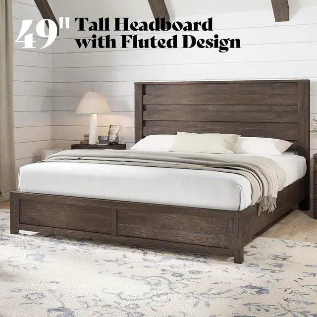 Alt view image 3 of 7 - 5 Pieces Farmhouse Bedroom Sets, King Size Bed Frame with 49" Fluted Headboard, 54" Wide 6 Drawer Dresser, 47 Tall 5 Drawer Dresser, Nightstand Set of 2 with Charging Station, Gray