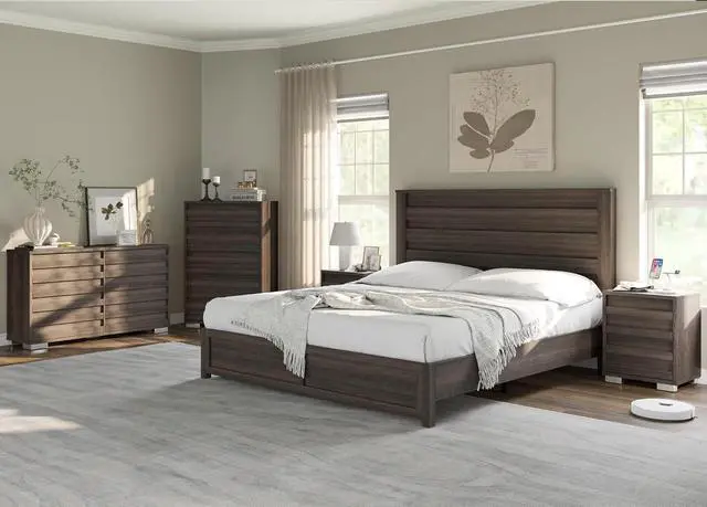 Alt view image 2 of 7 - 5 Pieces Farmhouse Bedroom Sets, King Size Bed Frame with 49" Fluted Headboard, 54" Wide 6 Drawer Dresser, 47 Tall 5 Drawer Dresser, Nightstand Set of 2 with Charging Station, Gray