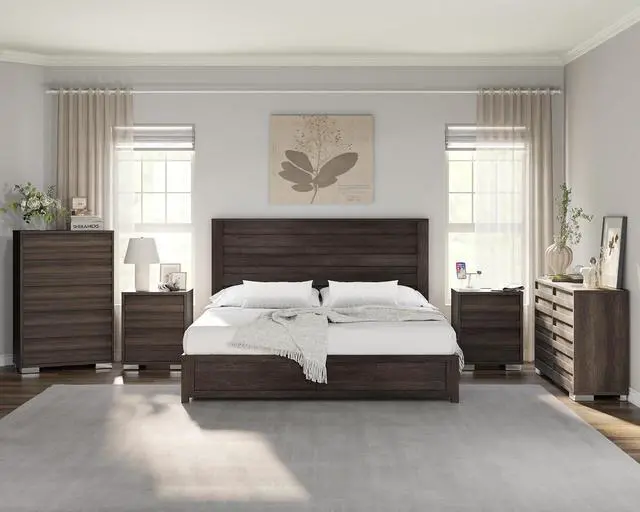 Alt view image 2 of 7 - 5 Pieces Farmhouse Bedroom Sets, Queen Size Bed Frame with 49" Fluted Headboard, 54" Wide 6 Drawer Dresser, 47 Tall 5 Drawer Dresser, Nightstand Set of 2 with Charging Station, Gray