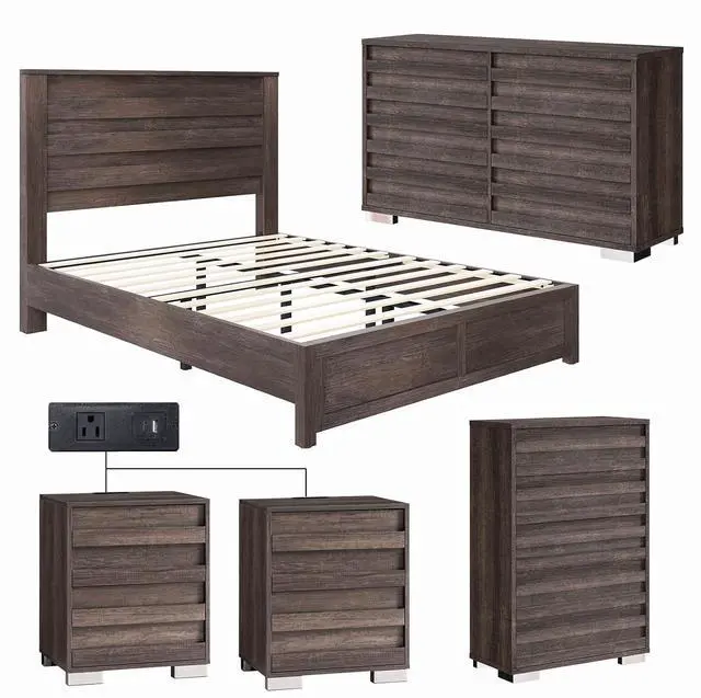 Main image of 5 Pieces Farmhouse Bedroom Sets, Queen Size Bed Frame with 49" Fluted Headboard, 54" Wide 6 Drawer Dresser, 47 Tall 5 Drawer Dresser, Nightstand Set of 2 with Charging Station, Gray