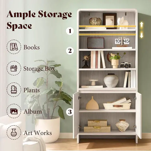 Alt view image 4 of 7 - 71" Modern Bookcase Set of 2 with Storage Cabinets, White | 2 Pieces Bookshelf Set, Storage Cabinets with Adjustable Shelves, Curved Design, Ideal for Living Room, Bedroom, Home Office